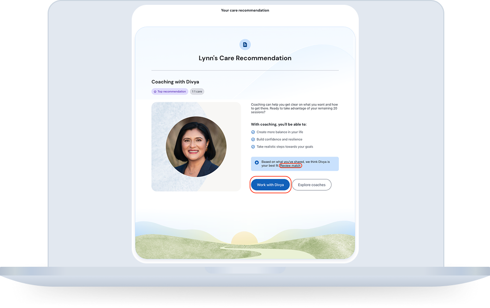 web app - "Your Care Recommendation" page showing top coach recommendation with provider photo, coaching benefits, "Review match" link, and "Work with [provider]" and "Explore coaches" buttons highlighted