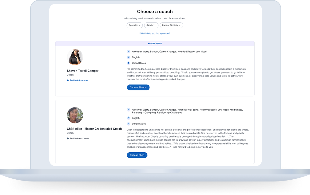 web app - "Choose a coach" page showing provider cards with "Best Match" badge, specialties, languages, availability, and "Choose" buttons with Specialty, Gender, and Race or Ethnicity filter dropdowns