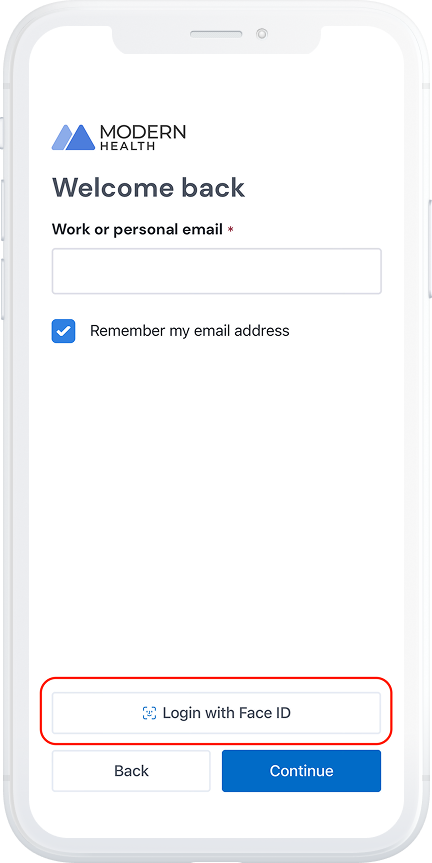 mobile app - "Welcome back" log in screen showing work or personal email field and "Login with Face ID" button highlighted
