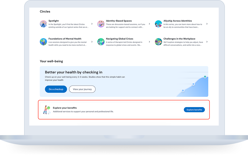 web app - homepage scrolled to "Your Well-Being" section showing "Check my well-being score", "View my well-being journey", and "Explore your benefits" card with "Explore benefits" button