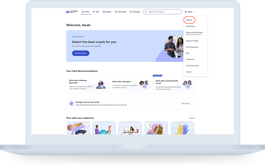 web app - homepage with user account dropdown menu open showing "Settings", "Invite Dependent", "Notifications", "FAQ", "Contact Us", "Crisis Information", and "Log out" options with "Settings" highlighted, and profile details panel showing account details and email sections
